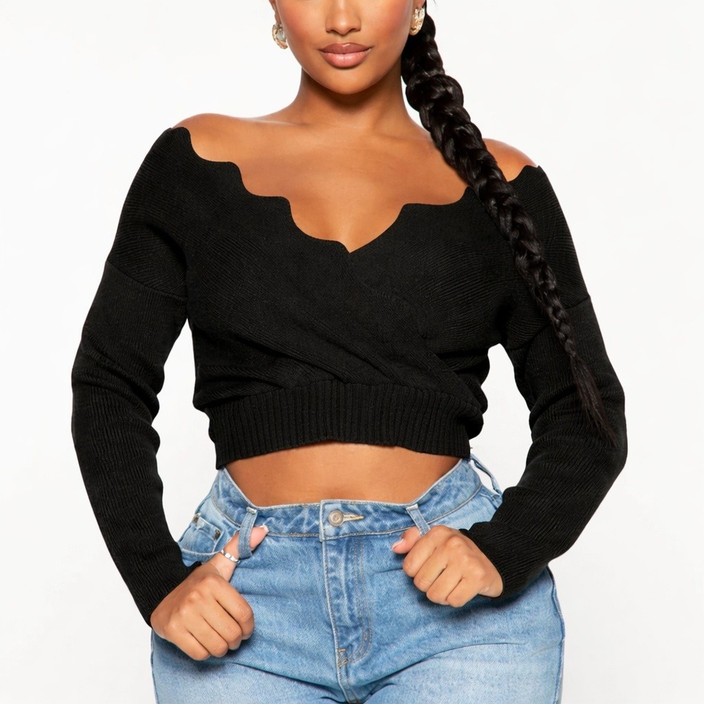 NWT Fashion Nova Black Scalloped Wrap Front Ribbed Knit Cropped Sweater 1X